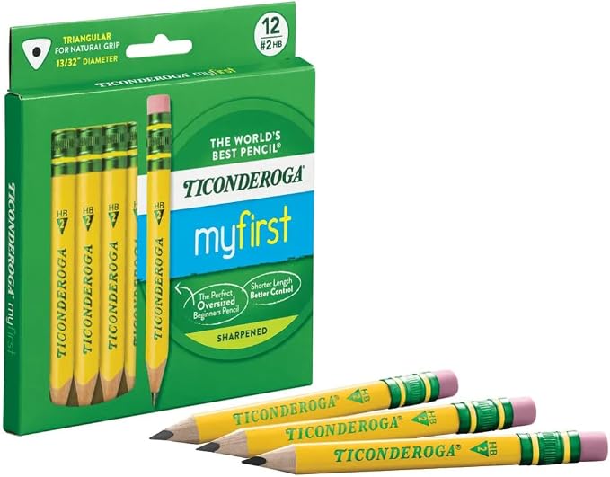 Ticonderoga My First Half-Size Wooden Pencils, 12 Pencils/Pack, 6 Packs | Large Triangle-Barrel Pre-Sharpened #2 (HB) Short 4.5" Yellow Pencils with Erasers, X33012