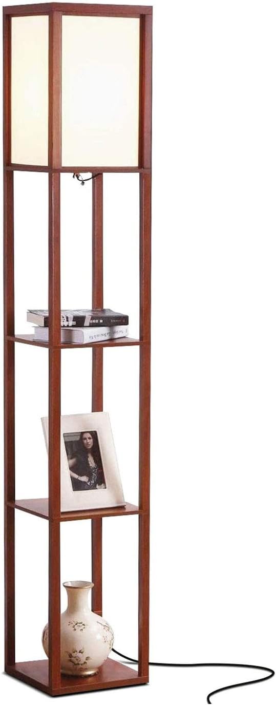 Brightech Maxwell - Modern Shelf Floor Lamp with Lamp Shade & Warm White LED Bulb, Corner Display Floor Lamp with Shelves for Living Room, Bedroom, Nightstand Office, Home Decor Storage - Walnut Brown