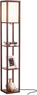 Brightech Maxwell - Modern Shelf Floor Lamp with Lamp Shade & Warm White LED Bulb, Corner Display Floor Lamp with Shelves for Living Room, Bedroom, Nightstand Office, Home Decor Storage - Walnut Brown