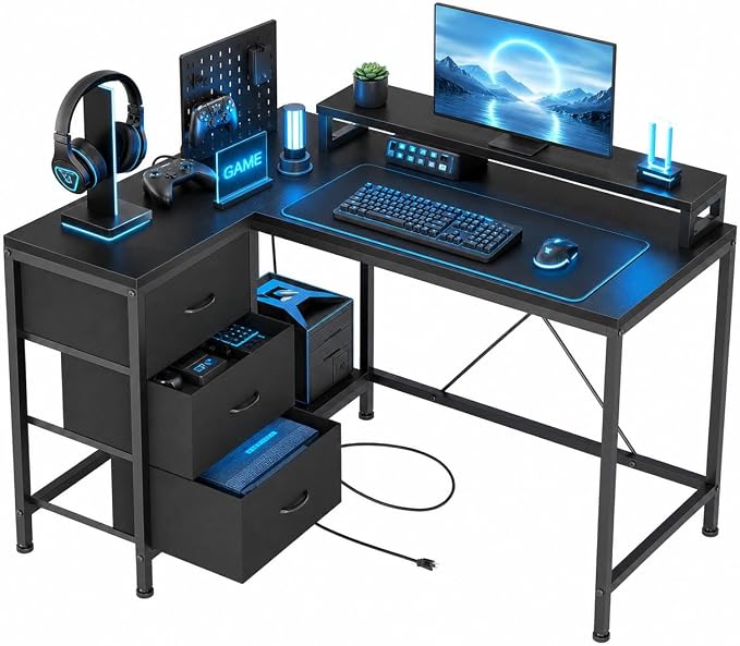 Garvee L-Shaped Computer Desk with Power Outlets & LED Lights - 43-Inch Reversible Corner Gaming Desk with 3 Drawers, Storage Shelves & Removable Monitor Stand, Modern Home Office Desk