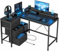 Garvee L-Shaped Computer Desk with Power Outlets & LED Lights - 43-Inch Reversible Corner Gaming Desk with 3 Drawers, Storage Shelves & Removable Monitor Stand, Modern Home Office Desk