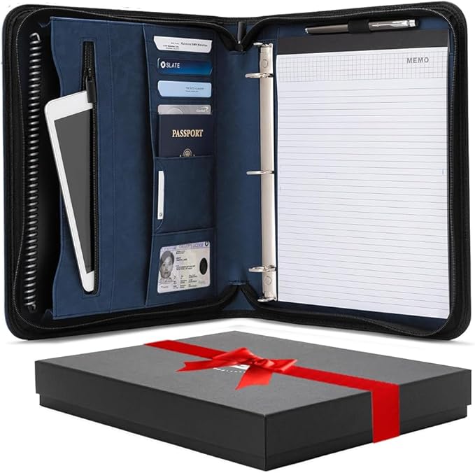 Forevermore Portfolios Padfolio Binder - Professional Faux Leather Travel Organizer Pouch for Tablet, Documents, Presentation Folders, Zipper Closure, Removable 3-Ring Notepad - Blue