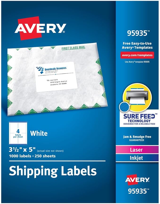 Avery Printable Shipping Labels with Sure Feed, 3.5" x 5", White, 1,000 Blank Mailing Labels (95935)