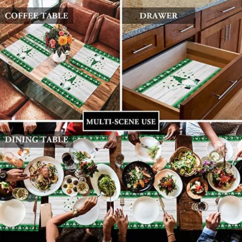 St. Patrick's Day Gnomes Clover Placemats Set of 6, Irish Green Buffalo Check Plaid Clover Cotton Linen Heat Resistant Table Mats Washable Spring Holidays Decorations For Kitchen Dining Table