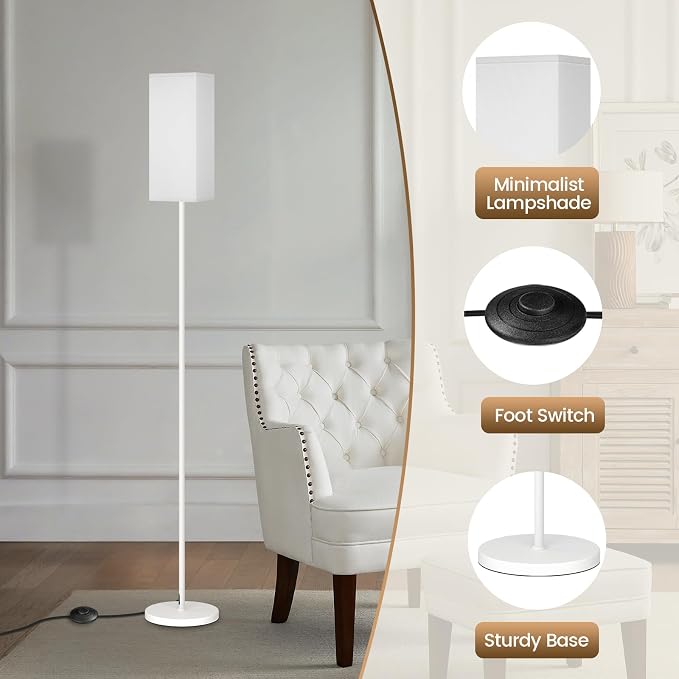 64.6" Floor Lamp, Pole with Foot Switch, Modern Standing Lamp Lampshade, Minimalist Freestanding Lamp (Bulb Not Included), for Living Room, Bedroom Office ETL Listed, White WCW07LD05