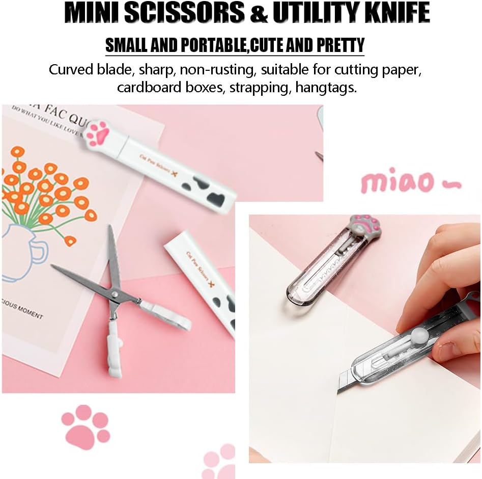 Cute School Supplies,Stationary Gift Set, Japanese Stationery Birthday GIFS, Includes Pencil Sharpener,Eraser, Correction Tape, Ruler, Mini Scissors,Utility Knife, for Office School Supplies (White)