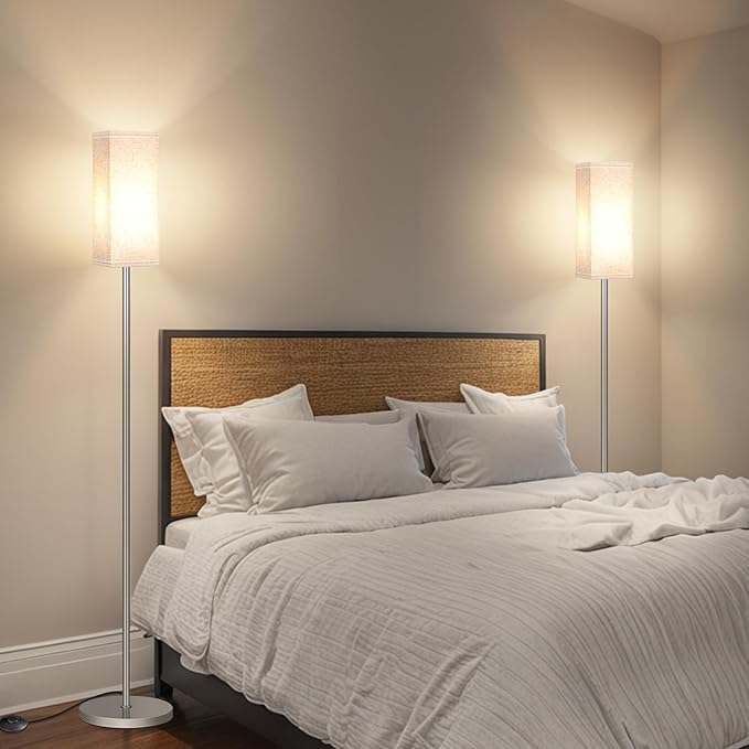 2Pack Floor Lamp, Pole with Foot Switch, Modern Standing Lamp Lamp, Minimalist Freestanding Lamp (Bulb Not Included), for Living Room, Bedroom Office ETL Listed, Silver and Beige SE07LDP205