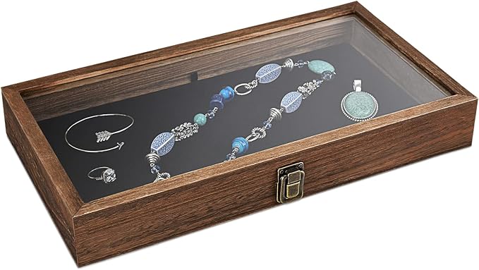 MOOCA Wood Jewelry Display Case with Tempered Glass Top, Black Velvet Pad | Wood display case with a glass top and removable black velvet pad accommodates taller jewelry and collectibles.