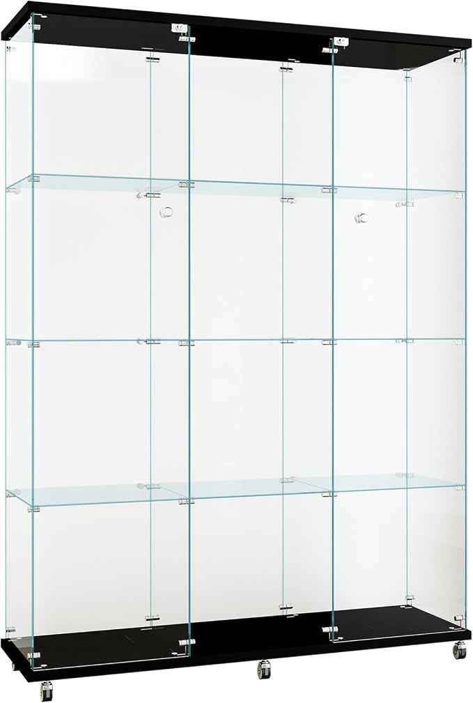 FLYMUHJIA Curio Cabinets with Glass Doors Modern Glass Shelves Tempered Glass Display Cabinet with Lock Figure Display Case (4-Shelf 3-Door, Black)