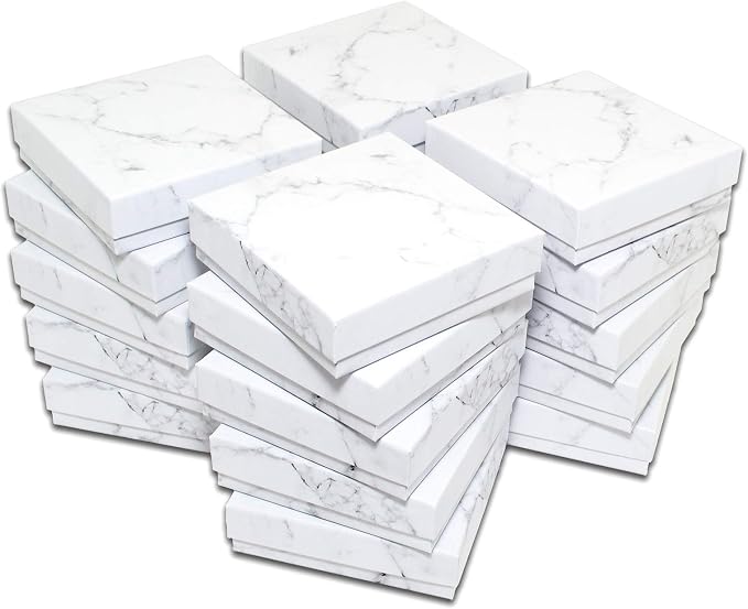 TheDisplayGuys 100 Cardboard Jewelry Gift Boxes with Inserts - Marble White | Size #33 - 3.5" x 3.5" x 1.0", Lids, Cotton Filled Padding, Kraft Paper, Bulk Pack Case, for Shipping, Organizers, Storage