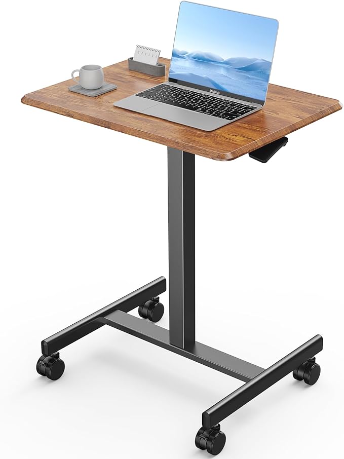 DUMOS Mobile Rolling Desk with Wheels Adjustable Height | Small Standing Desks Portable Laptop PC Table, Computer Workstation for Home Office Small Space, Modern Brown