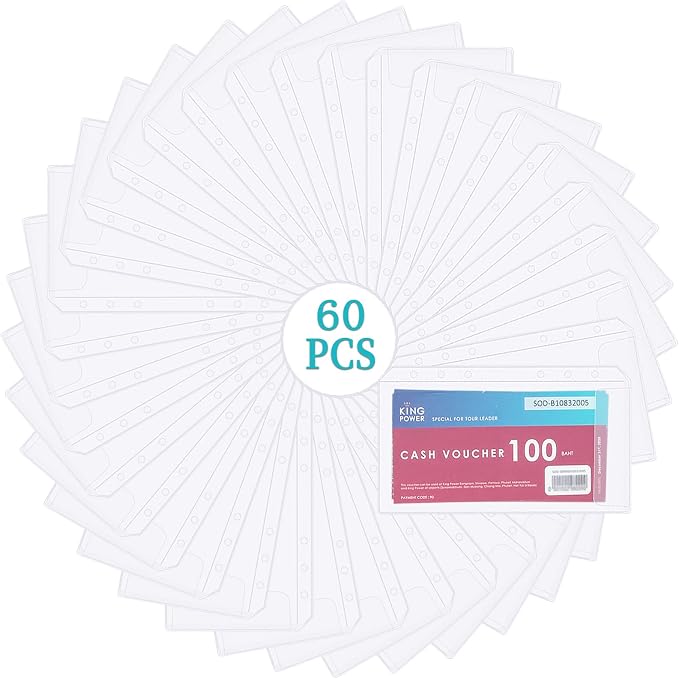 60pcs A6 Binder Pocket no Zipper Clear Budget Planner Inserts Bulk Budget Binder Organizer Cash Envelopes for Budgeting Waterproof PVC Loose Leaf Bags Card Sleeves for 6 Ring Notebook