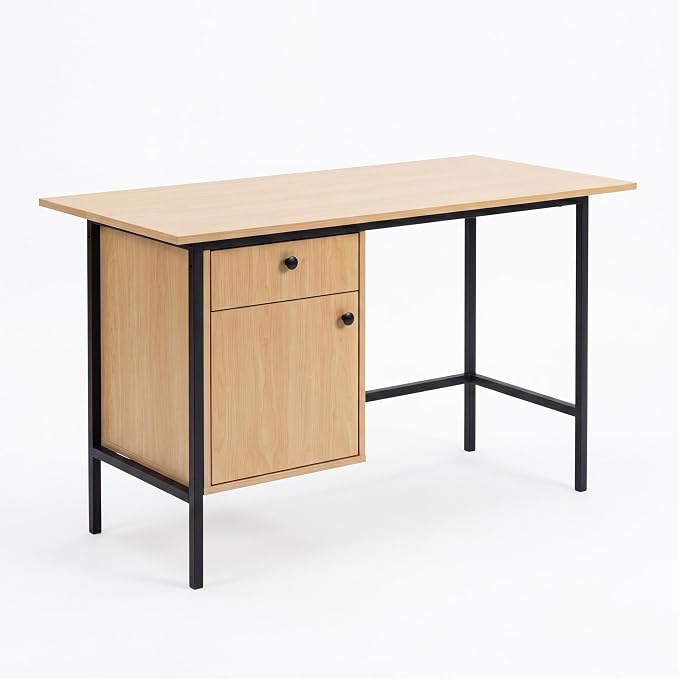 Garvee 47" Home Office Computer Desk with Drawer and Cabinet Storage | Simple Modern Desk for Bedroom, Home Office, Study, Writing, Study Table with Cabinet, Natural Oak+Black