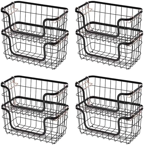 Amazon Basics Stackable Metal Wire Rectangular Storage Baskets for Kitchen, Bathroom or Pantry Organizing, 2 Count, Black (Pack of 4)