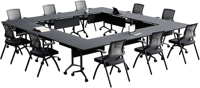 Goakwwuz Conference Room Table, Folding Conference Tables,Thicken Grey Tabletop,Flip Top Wooden Seminar Meeting Room Table for Conference Room Offices (4, BlackWoodGrain, 61.0“)