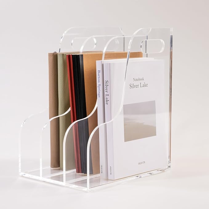 3 Vertical Compartments File Holder, Clear Acrylic Desk Organizer and Storage Bins Holding for Magazines, Binders, Notebooks, Envelopes, Multi-purpose Document Organizer for Home Office