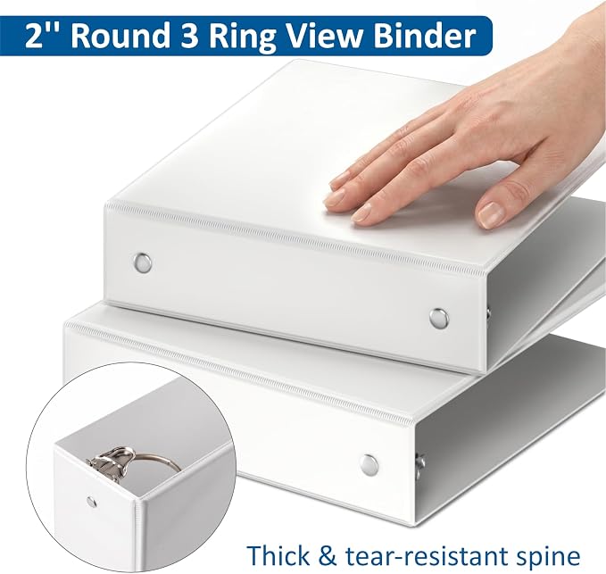 3 Ring Binders, 2" Round Rings 12 Pack, Fits 8.5x11in, View 2 Pocket, White | for 8.5x11 Inch Paper, for Customizable Covers, Three Ring, for School Office Business Supplies, White,2 Inch