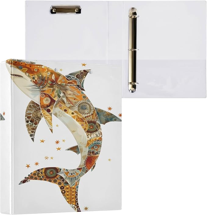 3 Ring Binder, Brown Beige Shark Folk Art File Folder Holds 200 Sheets File Storage for Women Men School Office Supplie