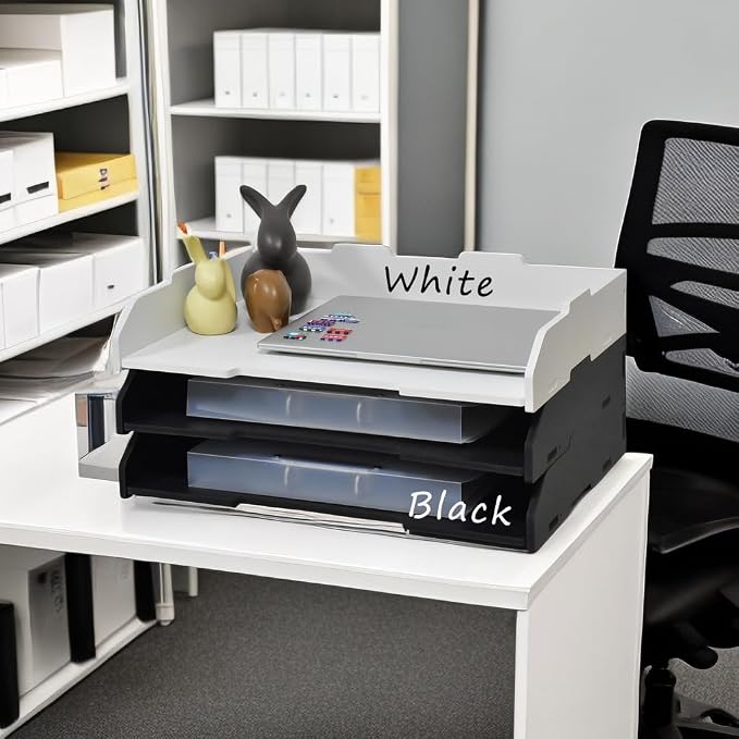 A3 Stackable Paper Tray, 3 Tier Desk File Organizer, Desktop Organizer for Office Supplies,Office Desk Accessories & Workspace, /A3 Office File Folder, Office School, White (Landscape-Black-3-Tier)