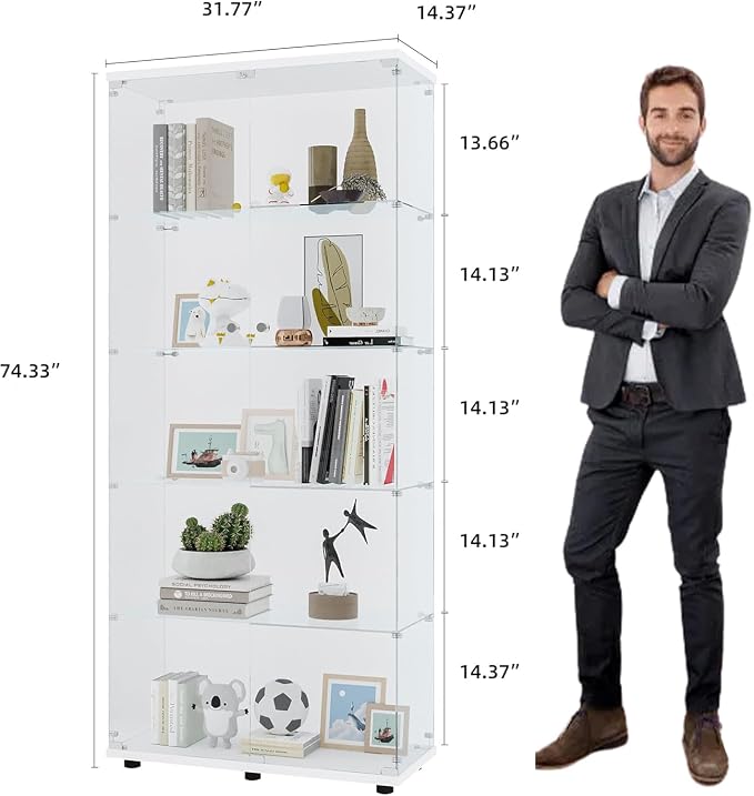 Frameless Glass Display Cabinet, Curio Cabinet Display Case with Lock and 2 Doors, Quick-Install Floor Standing Large Showcase Display Shelf for Collectibles, Legos, Figures, Plants