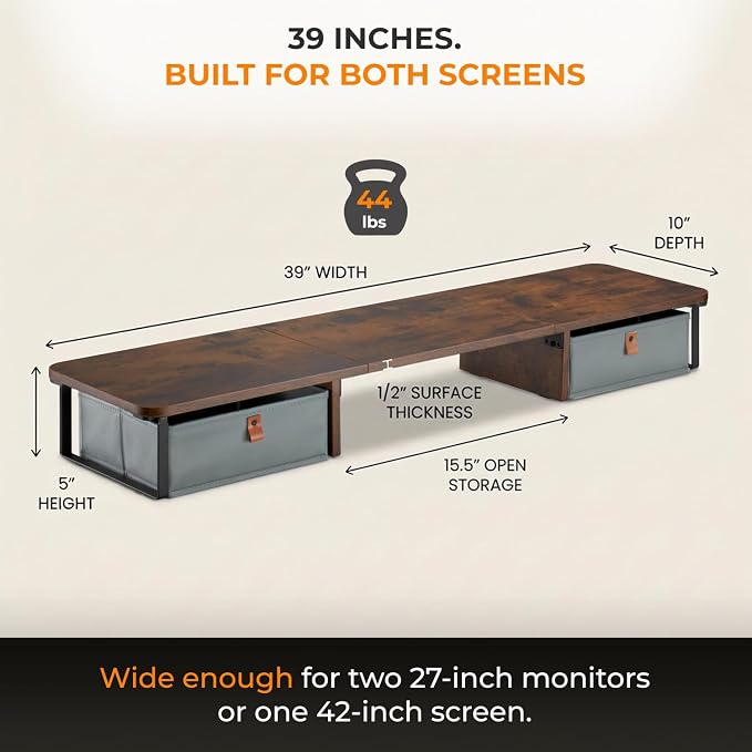 DuoStand Plus - 39” Dual Monitor Riser for Desk with 2 Drawers - Wood & Steel Double Monitor Stand with Storage - Desk Organizer Shelf for Desktop Computer, Laptop, TV & Printer (Rustic Wood)