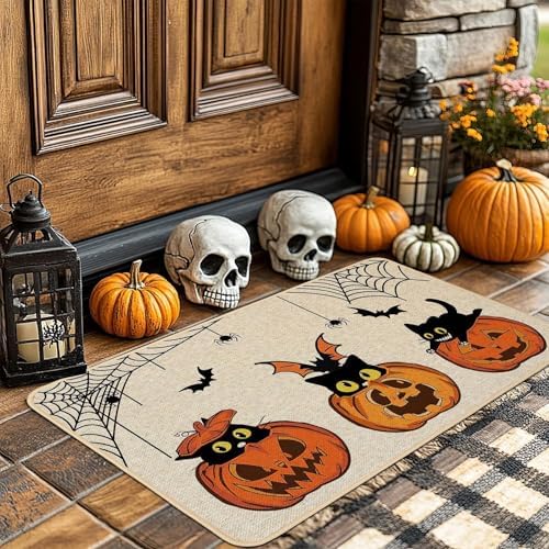 Baccessor Halloween Kitchen Mats Set of 2, Pumpkin Black Cat Bat Spider Web Boo Kitchen Rugs for Floor Low-Profile Farmhouse Fall Halloween Party Home Decor 17x29 and 17x47 Inch