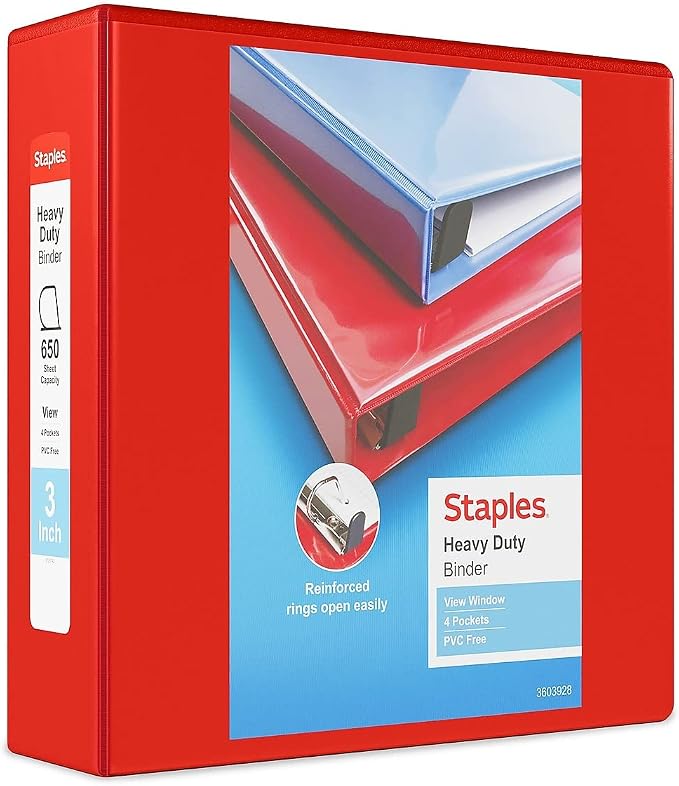Staples Heavy-Duty 3-Inch D-Ring View Binder, Red, 600 Sheets | Reinforced spine for durable everyday use in office and school settings.