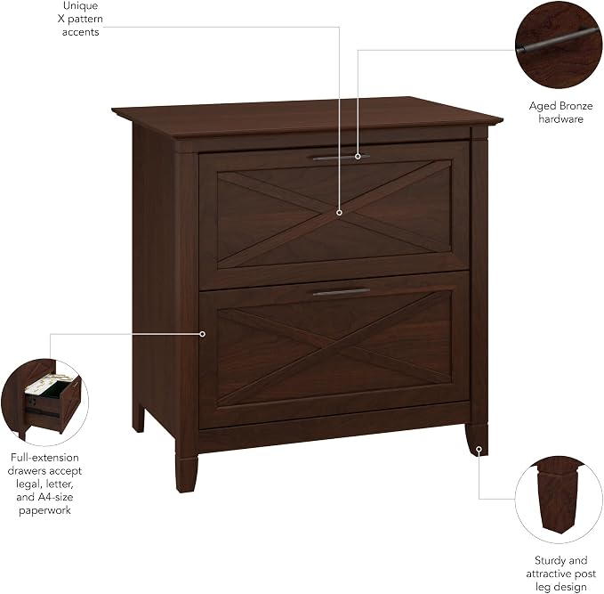 Bush Home Key West 2 Drawer Lateral File Cabinet in Bing Cherry, Document Storage for Home Office, Accent Chest with Drawers