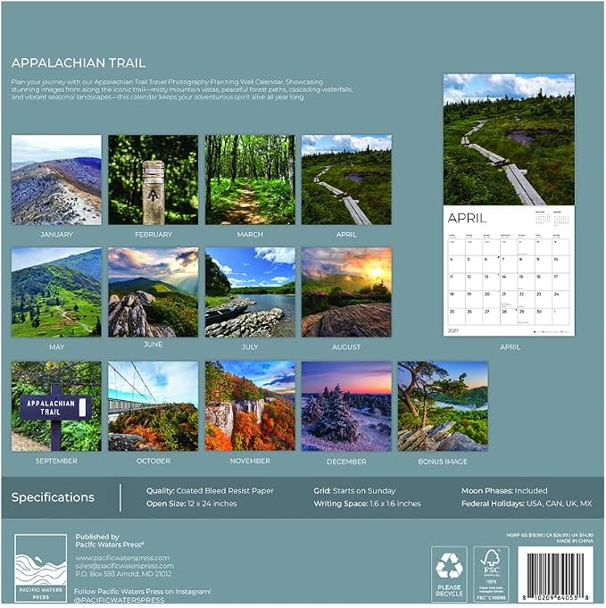 Appalachian Trail 2027 Wall Calendar, 12 x 24 Hanging Pacific Waters Press