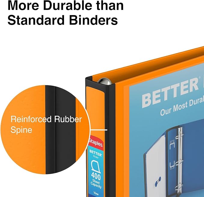 Staples Better Binder, 1.5-Inch D-Ring View, Orange, 350 Sheets | Reinforced spine for durable everyday use in office and school settings.