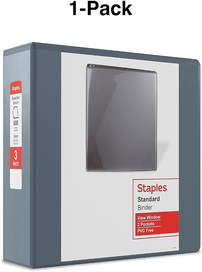 Staples 3" 3‑Ring View Binder, D‑Ring, Gray