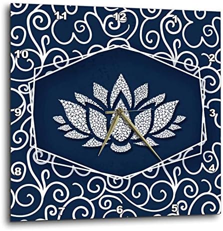 3dRose Wall Clock Silent - 13 inch - Navy Blue and White Water Lily with White Swirls Chinese Styling - Asian Collection