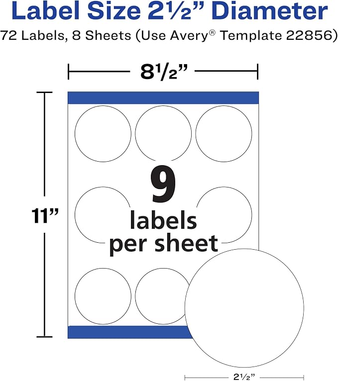 Avery Durable Waterproof Round Labels, Sure Feed Technology, 2.5" Diameter, White, Laser & Pigment-Inkjet Compatible, 72 Blank Labels Total, Great for Branding, Packaging, and More (22856)