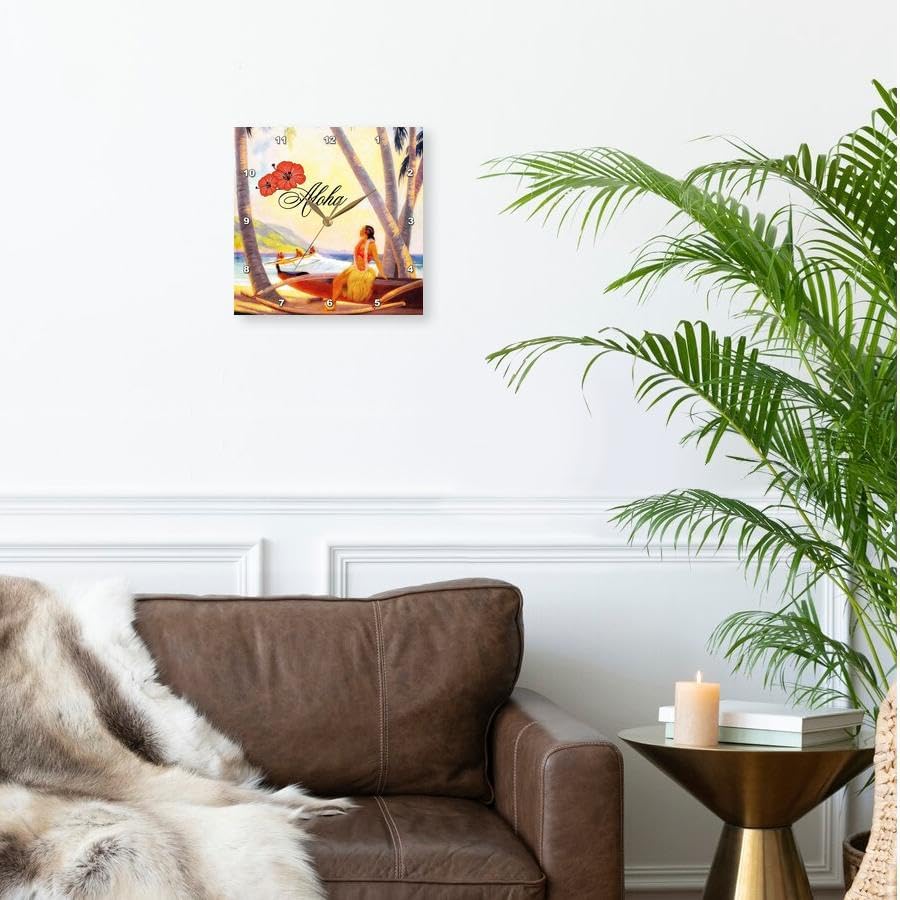 3dRose Wall Clock Silent - 10 inch - Aloha Vintage Painting Repainted Hawaiian Female Tropical Setting - Tropical