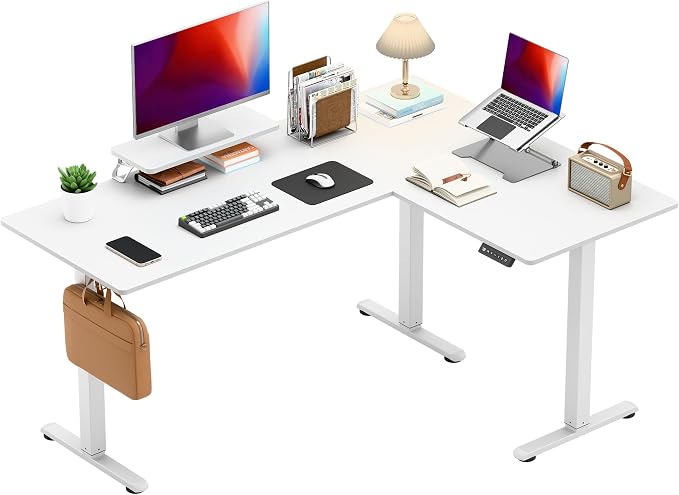 Shahoo L Shaped Electric Standing Desk, 63"x47.2" Corner Height Adjustable Sit Stand Desk with Monitor Riser, Ergonomic Stand Up Desk, 154 LBS Load Capacity Quiet Motor Home Office Computer Desk