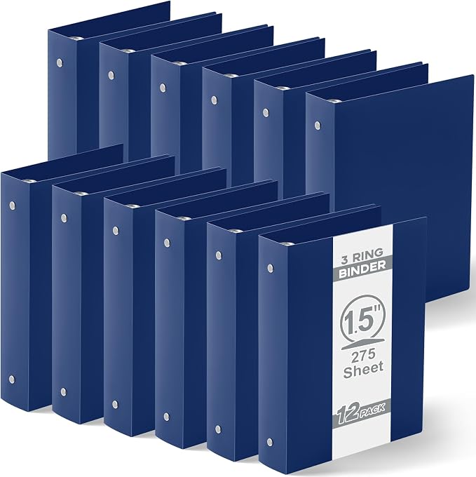 Henoyso 12 Pcs 1.5 Inch Mini 3 Ring Binders Fits 5.5" x 8.5" Paper, Holds(Capacity 350 Sheets), Plastic Flexible Three Round Rings Small Navy Blue A5 Binders Bulk for School, Office Use, Photo Album