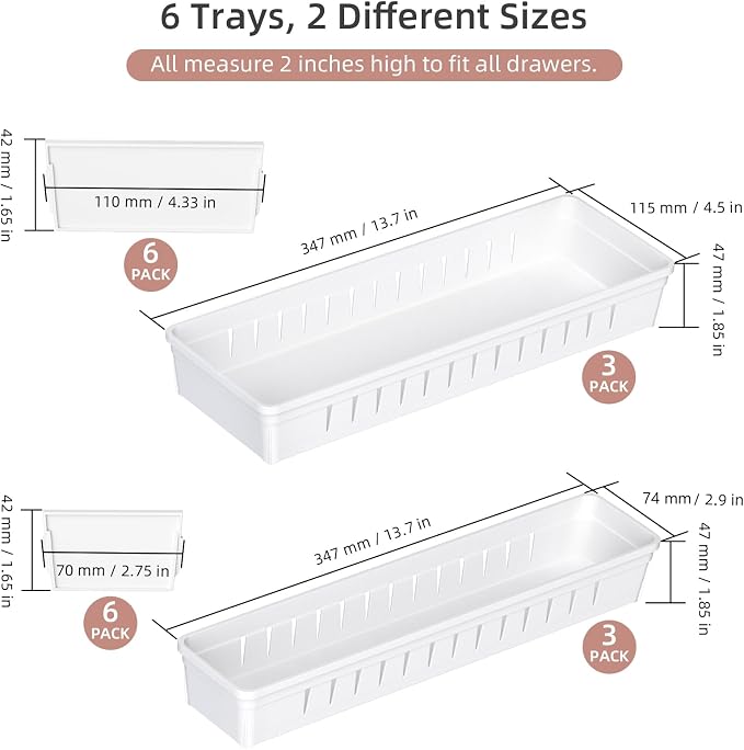 6 PCS Desk Drawer Organizer, Bathroom Drawer Organizer Trays | 12 pcs Dividers Adjustable, 24 Non-Slip Feet, Makeup Organizer Bins for Vanity Clothes Junk Kitchen Utensil, Plastic, White
