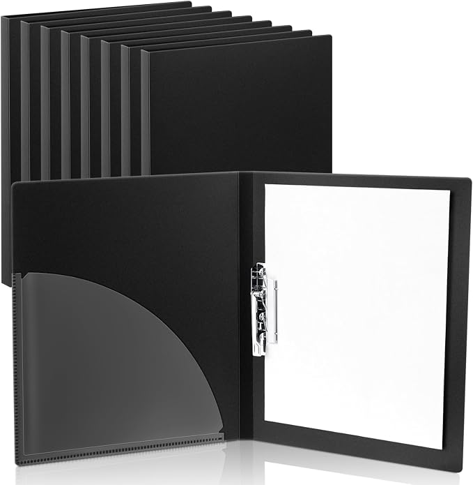 Teling 8 Pack Punchless Clamp Binder Folder Ringless Binder with Metal Clip and Poly Covers Flex Colored Swing Clamp for Work School Documents, 9.7 x 11.5 Inch(Black)