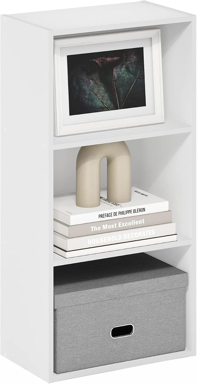 Furinno Luder 3-Tier Open Shelf Bookcase, White | 9.3 x 16 x 31.4, Open Shelves Bookcase, for Living Room, Bedroom, Home Office