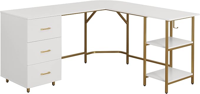 Techni Mobili 59" Two-Tone L‑Shaped Office Desk with Storage Shelves, Gold | 59" two‑tone L‑shaped desk with storage shelves, durable frame, modern corner workstation, spacious home office writing space