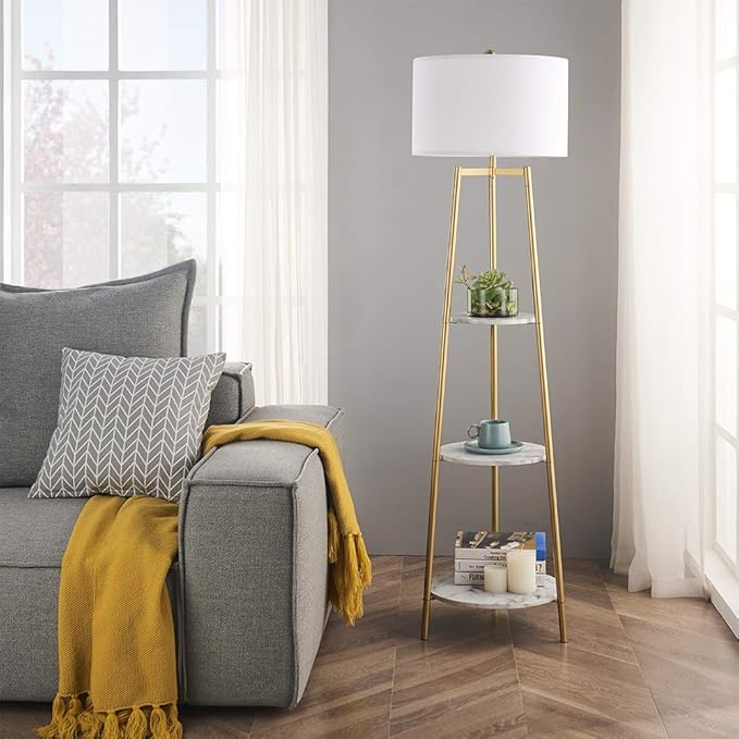 ROSEN GARDEN Floor Lamp, Standing Reading Light with Faux Marble Shelves and Fabric Shade, Modern Tall Pole Lamp, Accent Furniture Décor Lighting for Living Room, Bedrooms