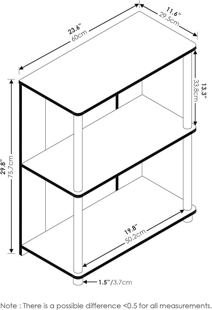 Furinno JAYA Simple Design 3-Tier Bookcase / Bookshelf / Display Rack, Plastic Tubes, Walnut | 11.6 x 23.6 x 30, Storage Shelves, Shelving Unit, for Organization and Storage, Living Room, Garage, Home Office