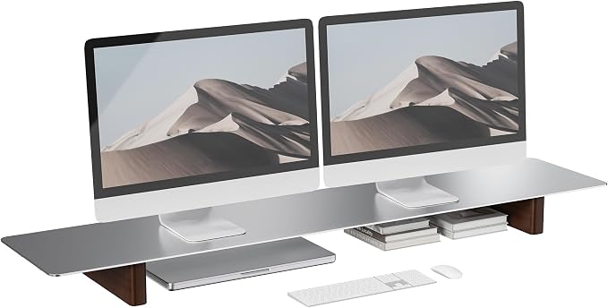 Aluminum Dual Monitor Stand Riser, Ergonomic Desktop Shelf with Wooden Legs - 42.5” Wide Heavy Duty Computer Stand for Home Office, Desktop Monitor Riser for PC, iMac, MacBook, Laptop