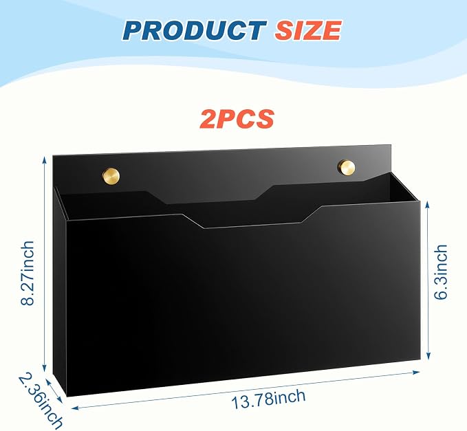 Feifeiya 2 Pcs Black Acrylic File Holder Wall Mount Mail Magazine Organizer File Holders with Screw Wall Office Document Storage Magazine Brochure (14"x8.3"x2.4", Widening Horizontal, Black )