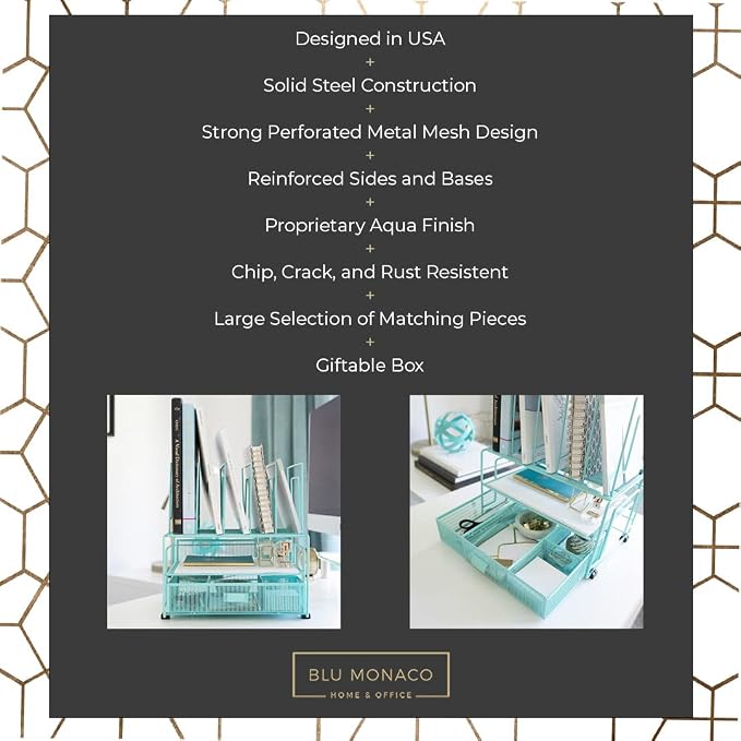 BLU MONACO Mint Green Desk Organizer With File Sorters and Drawer | Metal Mesh Desktop Storage for Office Supplies, Papers, Devices and Folders | 9.3”D x 12.5”W x 14”H All-In-One Workspace Holder