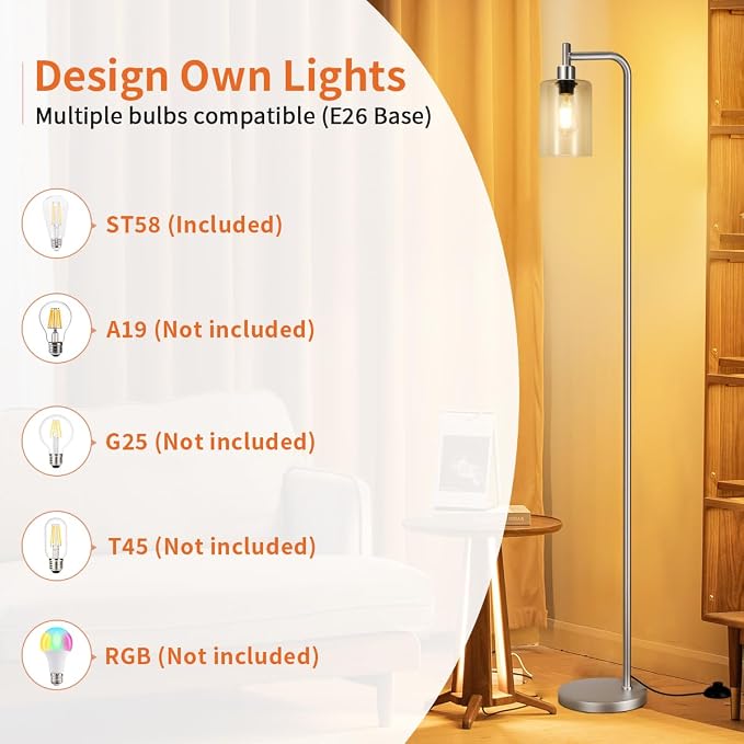 Ziisee Floor Lamps for Living Room - Industrial Standing Lamp with Glass Shade, Modern Floor Lamp with LED Bulbs, Tall Lamp for Bedroom Office - Brushed Nickel