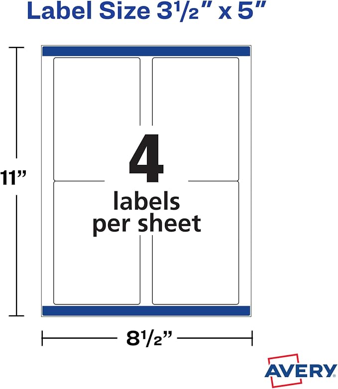 Avery Printable Shipping Labels with Sure Feed, 3-1/2" x 5", White, 400 Blank Mailing Labels for Laser Printers (5168) (Pack of 5)
