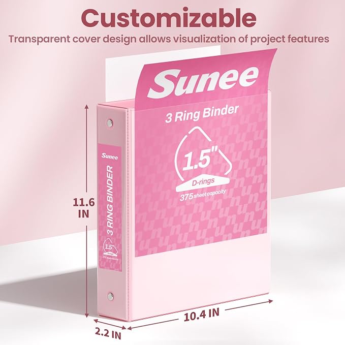 SUNEE 3 Ring Binder 1.5 Inch D Ring, Clear View Three Ring PVC-Free (Fit 8.5x11 Inches) for School or Office Supplies, Pink, 1 Pack