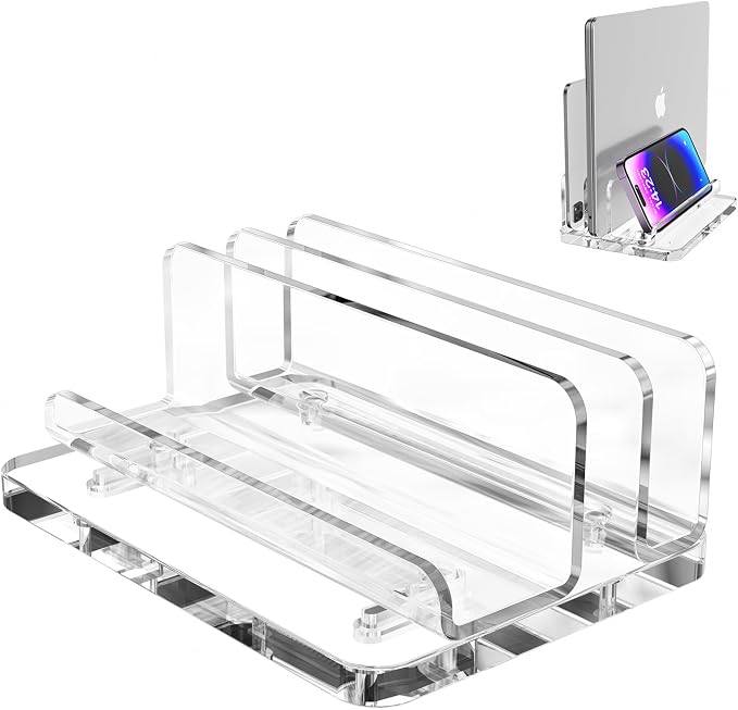 Acrylic Vertical Laptop Stand, 3-in-1 Design with Adjustable Slot Width | Clear Laptop Holder Desktop Space Saving, Supports Suitable for MacBook, IPad, IPhone, Chromebook, Surface, Samsung, Etc