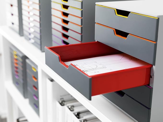 Durable Varicolor 5 Drawer Unit - Gray Desktop Drawer Set with 5 Color Coded Draws - Perfect for Storing Documents and Paper Work
